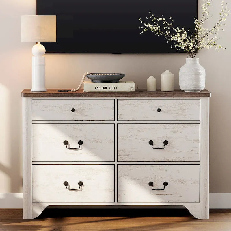 WAMPAT Farmhouse Dresser TV Stand with 6 Drawers for TVs up to 55 Inch, Wood Entertainment Center with Storage