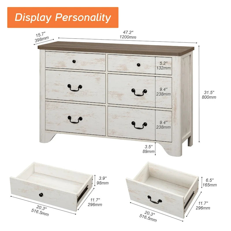 Farmhouse Dresser TV Stand with 6 Drawers for TVs up to 55 Inch, Wood Entertainment Center with Storage