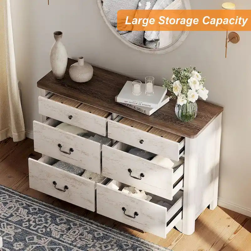 Farmhouse Dresser TV Stand with 6 Drawers for TVs up to 55 Inch, Wood Entertainment Center with Storage