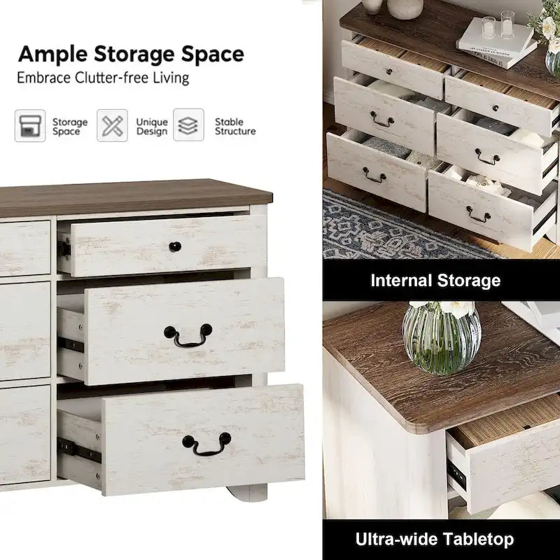 Farmhouse Dresser TV Stand with 6 Drawers for TVs up to 55 Inch, Wood Entertainment Center with Storage