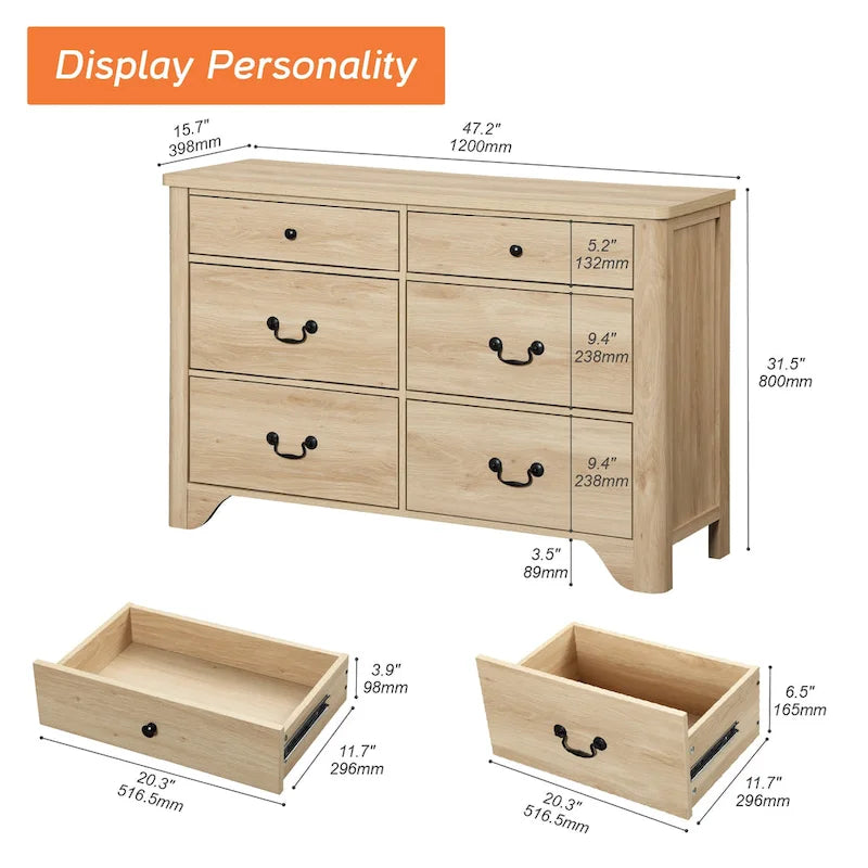 Farmhouse Dresser TV Stand with 6 Drawers for TVs up to 55 Inch, Wood Entertainment Center with Storage