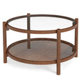 31" Round Coffee Table with Tempered Glass Top & Handmade Rattan Shelf - Cherry+Transparent