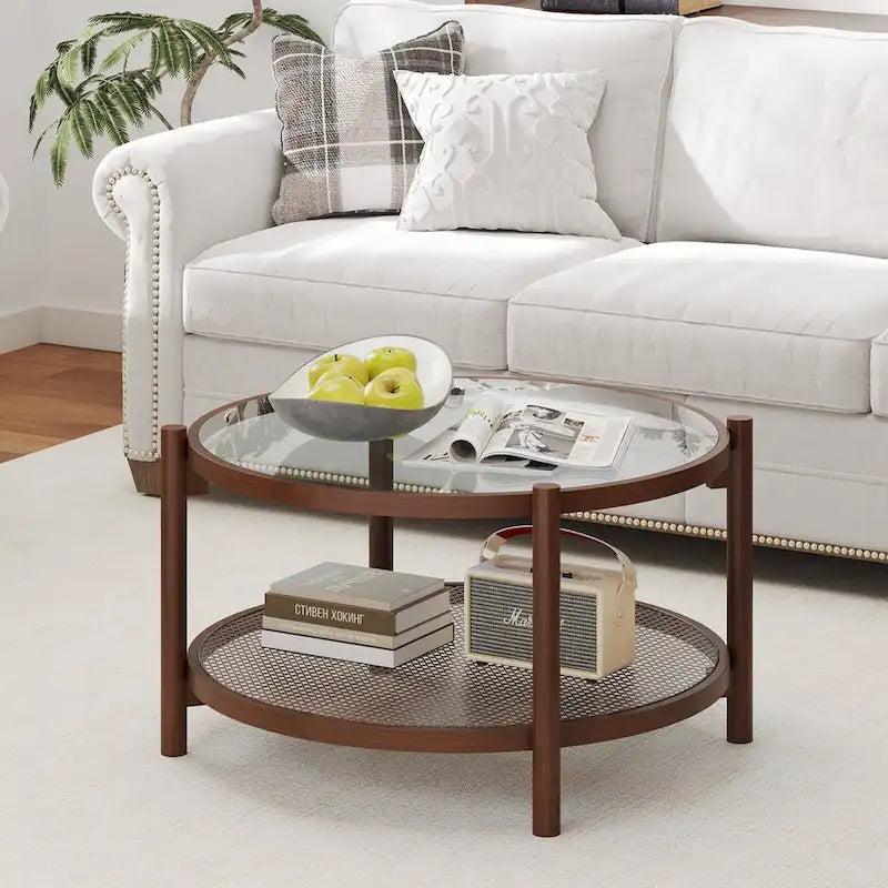 31" Round Coffee Table with Tempered Glass Top & Handmade Rattan Shelf - Cherry+Transparent