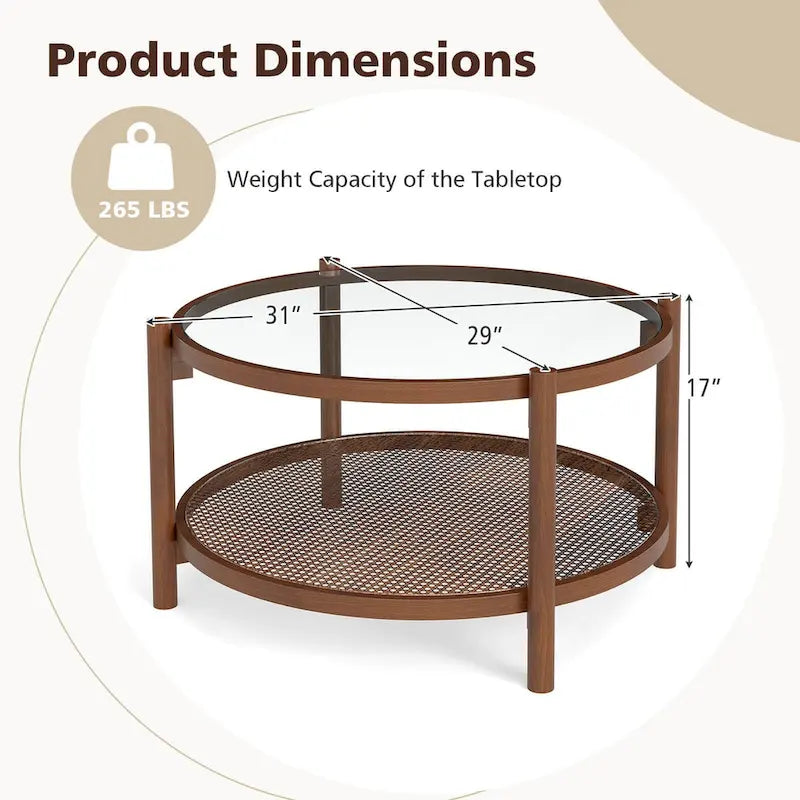 31" Round Coffee Table with Tempered Glass Top & Handmade Rattan Shelf - Cherry+Transparent