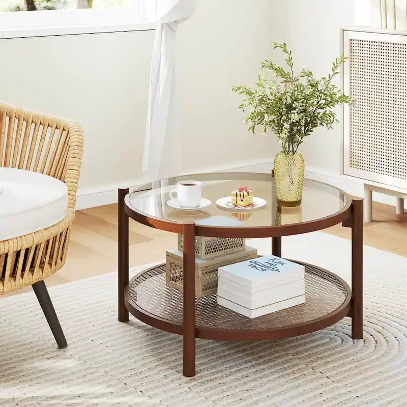 31" Round Coffee Table with Tempered Glass Top & Handmade Rattan Shelf - Cherry+Transparent
