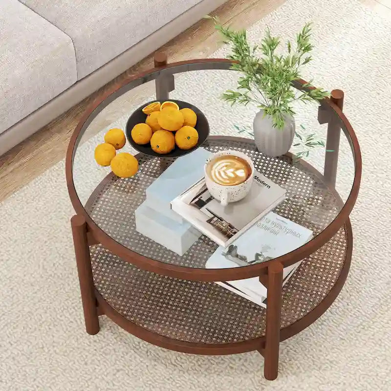 31" Round Coffee Table with Tempered Glass Top & Handmade Rattan Shelf - Cherry+Transparent
