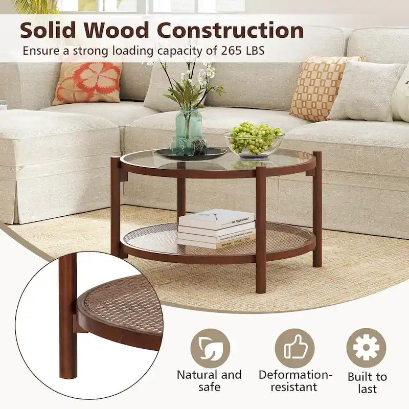 31" Round Coffee Table with Tempered Glass Top & Handmade Rattan Shelf - Cherry+Transparent