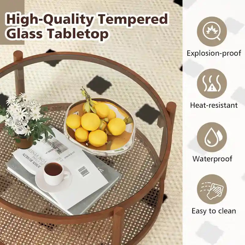 31" Round Coffee Table with Tempered Glass Top & Handmade Rattan Shelf - Cherry+Transparent