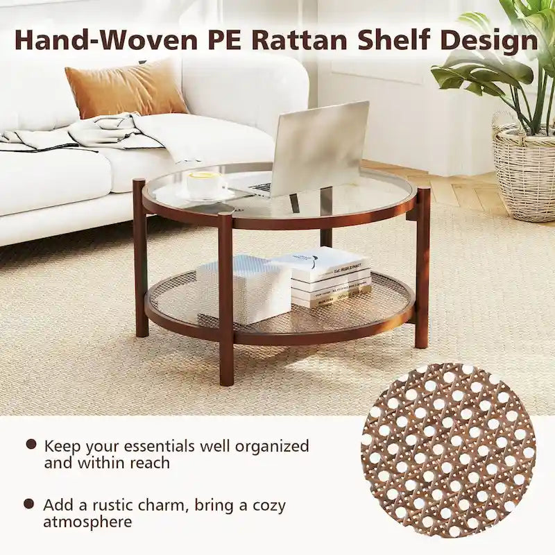 31" Round Coffee Table with Tempered Glass Top & Handmade Rattan Shelf - Cherry+Transparent