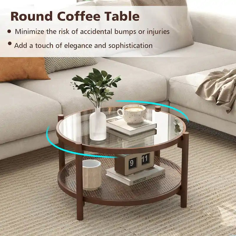 31" Round Coffee Table with Tempered Glass Top & Handmade Rattan Shelf - Cherry+Transparent