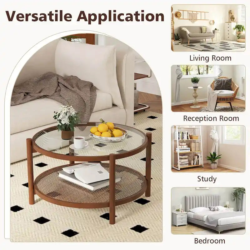 31" Round Coffee Table with Tempered Glass Top & Handmade Rattan Shelf - Cherry+Transparent
