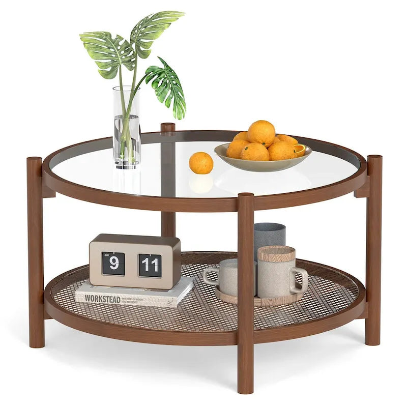 31" Round Coffee Table with Tempered Glass Top & Handmade Rattan Shelf - Cherry+Transparent