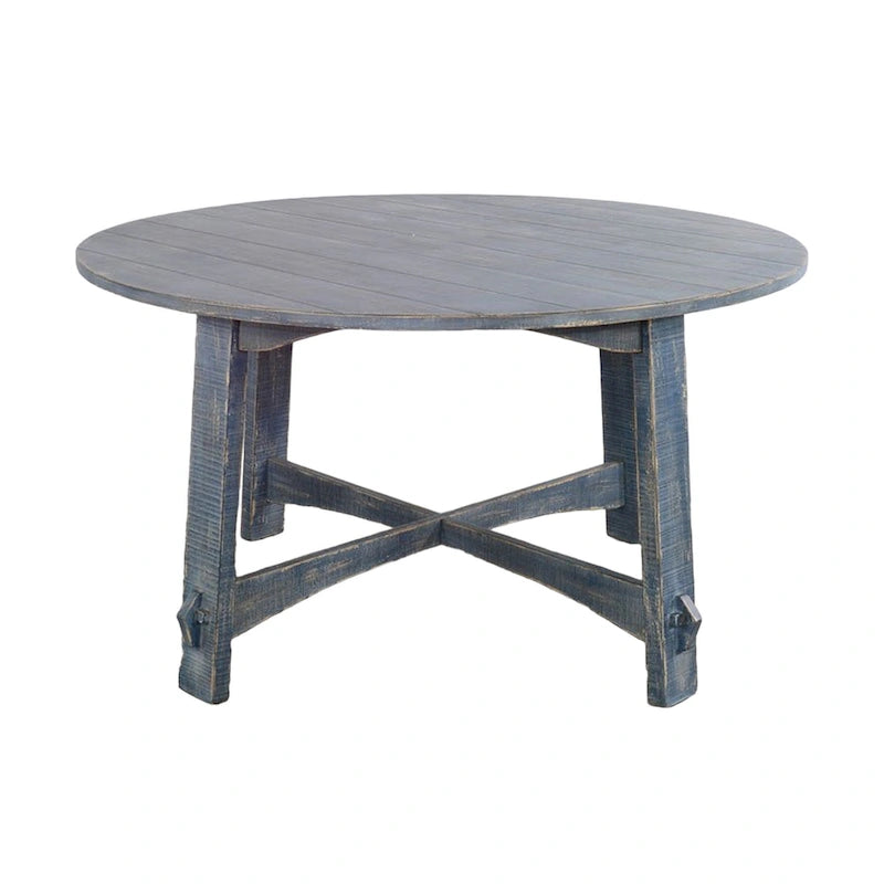 54-Inch Round Planked Ocean Blue Mahogany Wood Dining Table