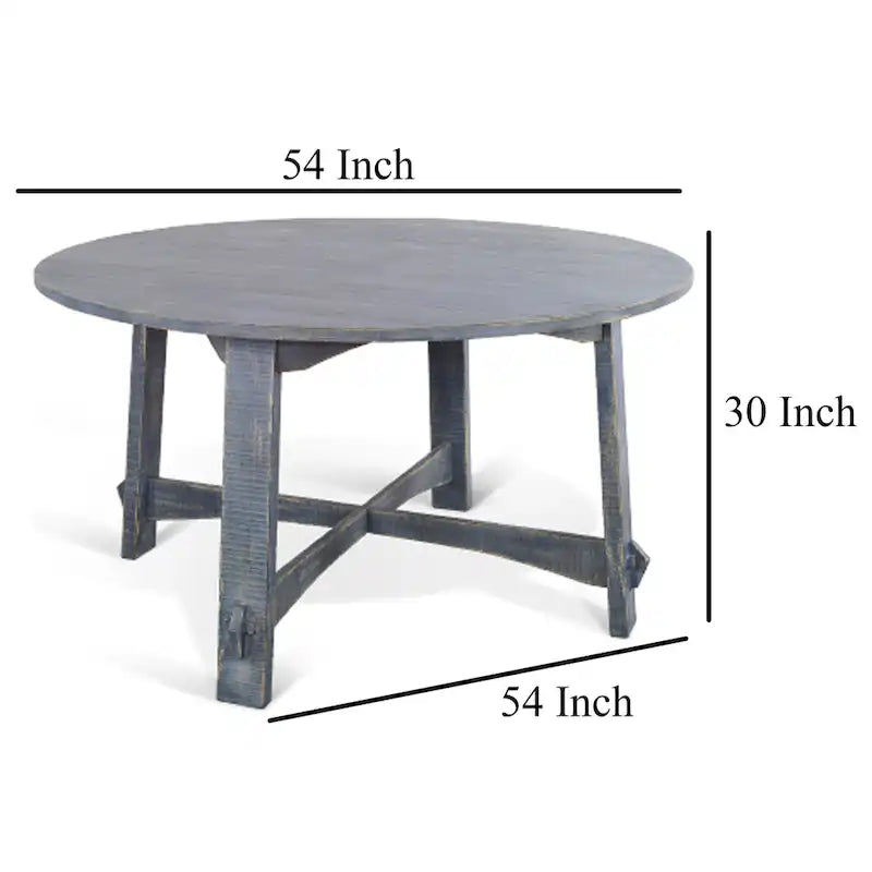 54-Inch Round Planked Ocean Blue Mahogany Wood Dining Table
