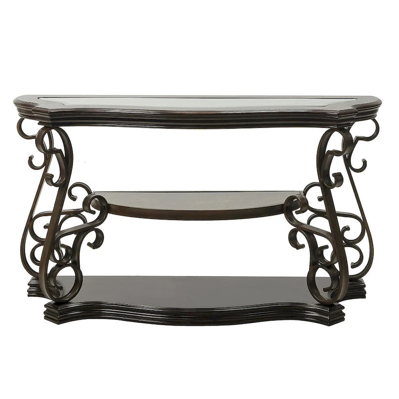 Dark Brown Glass Tabletop Sofa Table with Shelf