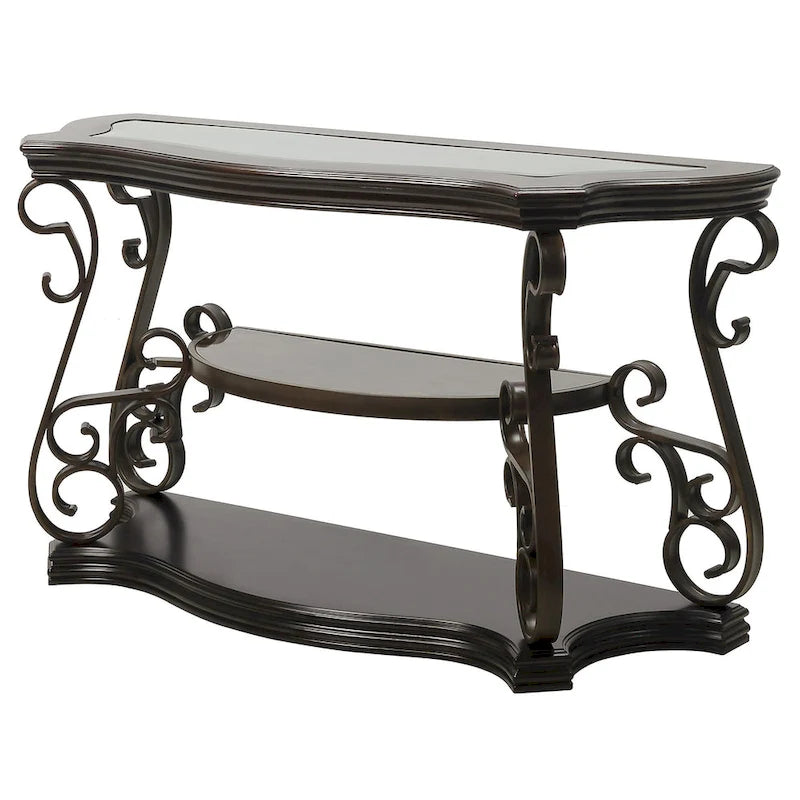 Dark Brown Glass Tabletop Sofa Table with Shelf