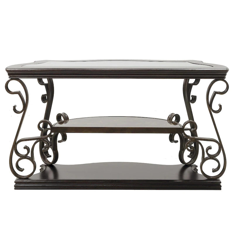 Dark Brown Glass Tabletop Sofa Table with Shelf