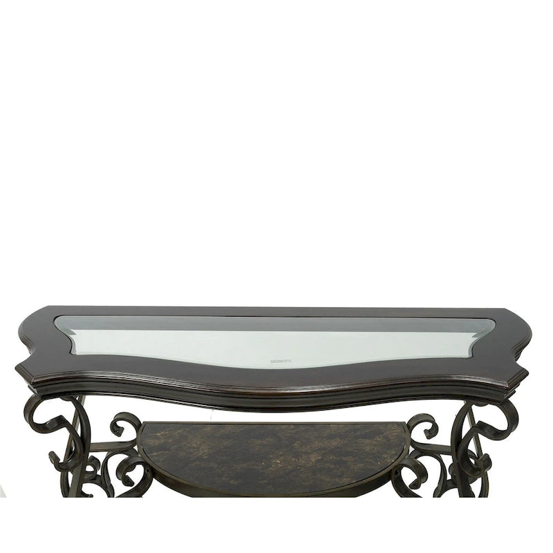 Dark Brown Glass Tabletop Sofa Table with Shelf