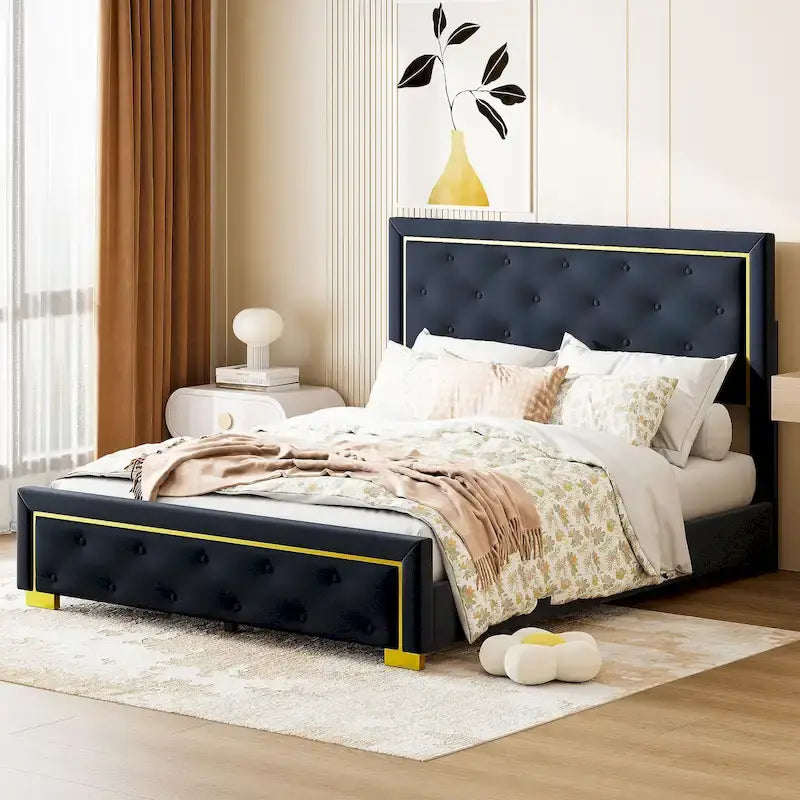 Queen Size Upholstered Platform Bed with Tufted Headboard and Metal Frame
