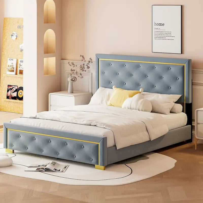 Queen Size Upholstered Platform Bed with Tufted Headboard and Metal Frame