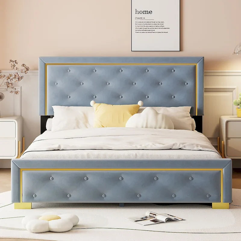 Queen Size Upholstered Platform Bed with Tufted Headboard and Metal Frame