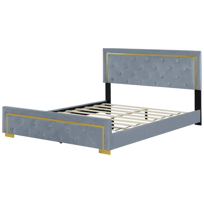 Queen Size Upholstered Platform Bed with Tufted Headboard and Metal Frame
