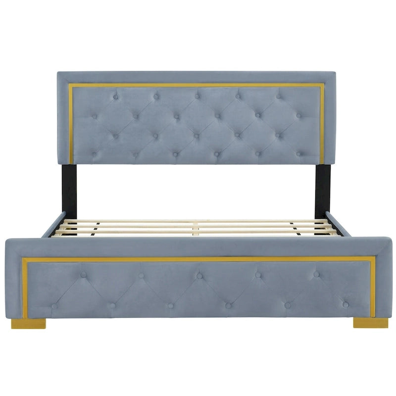 Queen Size Upholstered Platform Bed with Tufted Headboard and Metal Frame