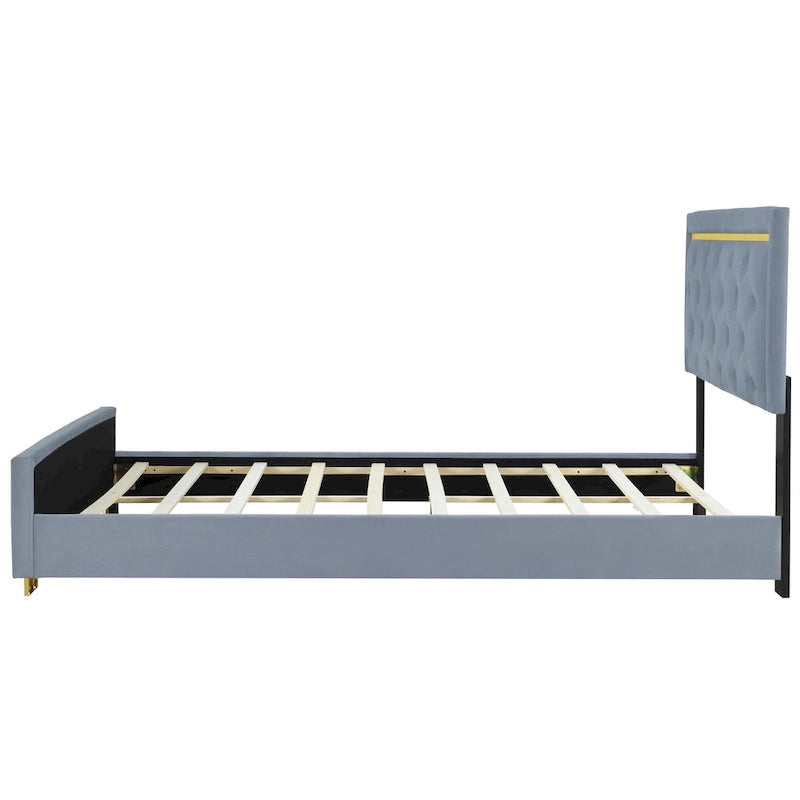 Queen Size Upholstered Platform Bed with Tufted Headboard and Metal Frame