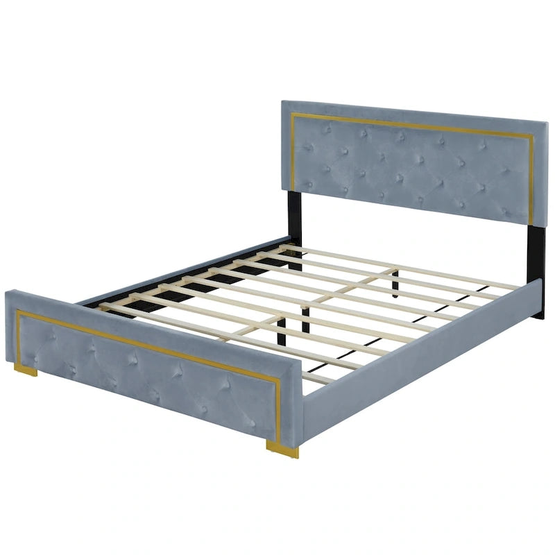 Queen Size Upholstered Platform Bed with Tufted Headboard and Metal Frame
