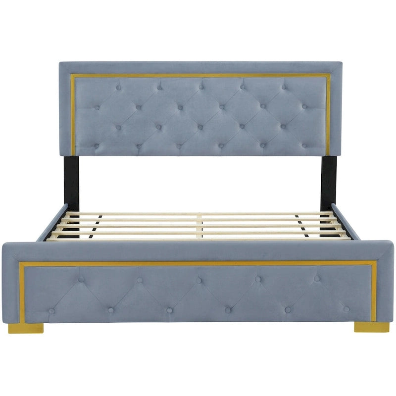 Queen Size Upholstered Platform Bed with Tufted Headboard and Metal Frame