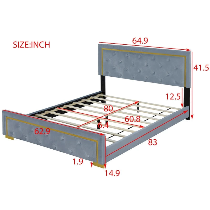 Queen Size Upholstered Platform Bed with Tufted Headboard and Metal Frame