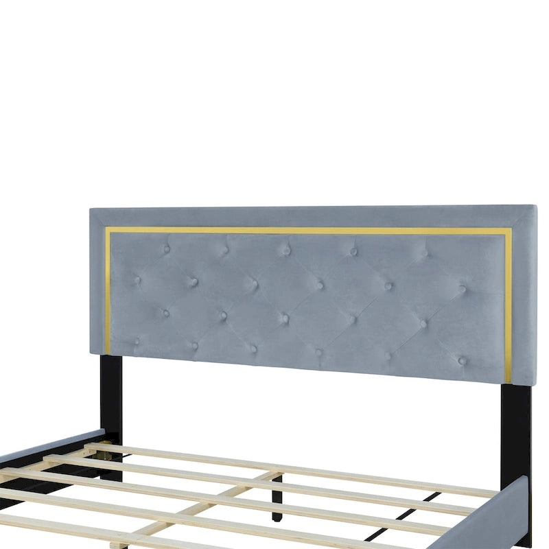 Queen Size Upholstered Platform Bed with Tufted Headboard and Metal Frame