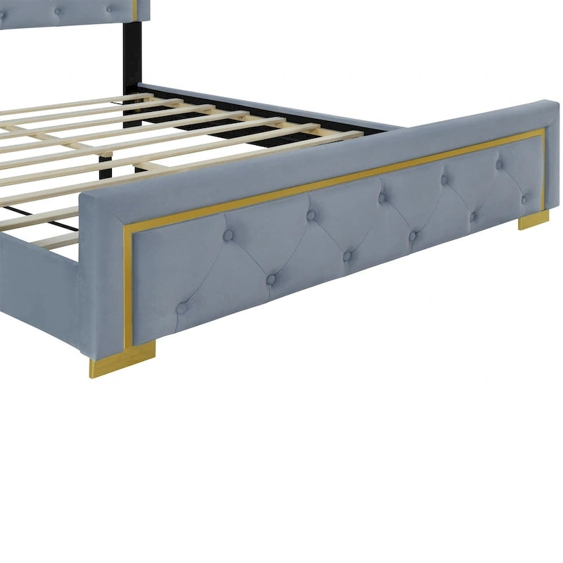 Queen Size Upholstered Platform Bed with Tufted Headboard and Metal Frame