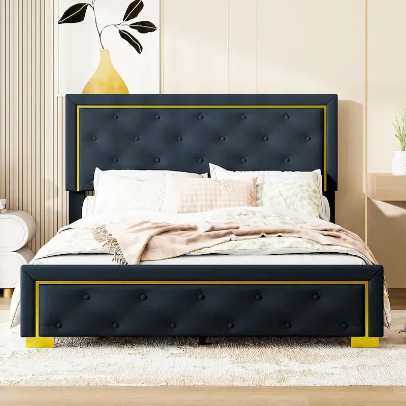 Queen Size Upholstered Platform Bed with Tufted Headboard and Metal Frame