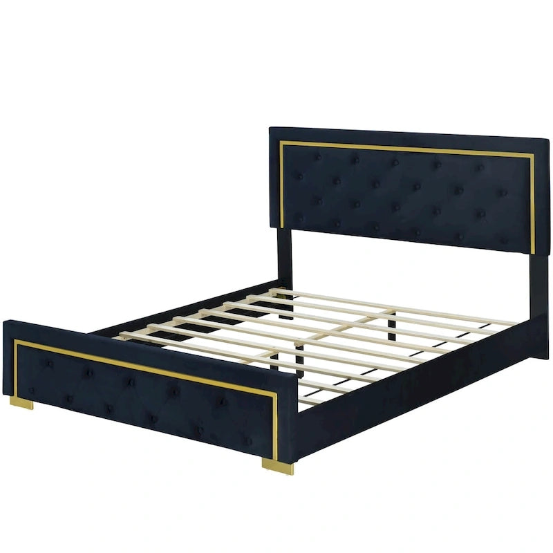 Queen Size Upholstered Platform Bed with Tufted Headboard and Metal Frame