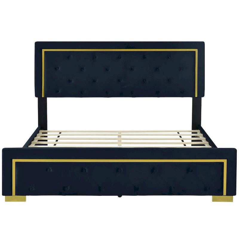 Queen Size Upholstered Platform Bed with Tufted Headboard and Metal Frame