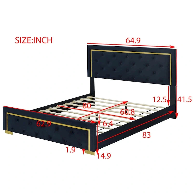 Queen Size Upholstered Platform Bed with Tufted Headboard and Metal Frame