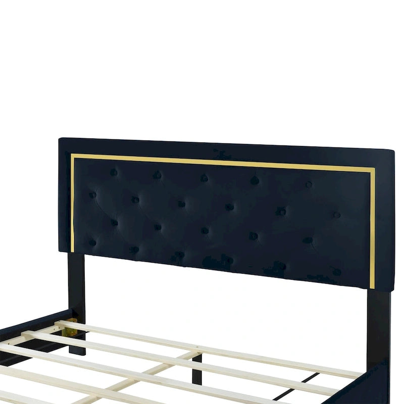 Queen Size Upholstered Platform Bed with Tufted Headboard and Metal Frame