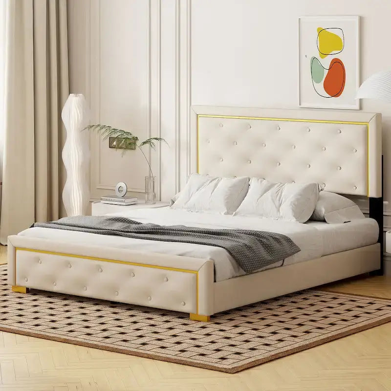 Queen Size Upholstered Platform Bed with Tufted Headboard and Metal Frame