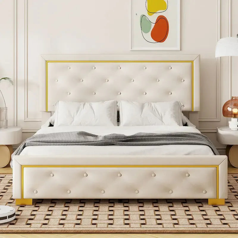 Queen Size Upholstered Platform Bed with Tufted Headboard and Metal Frame