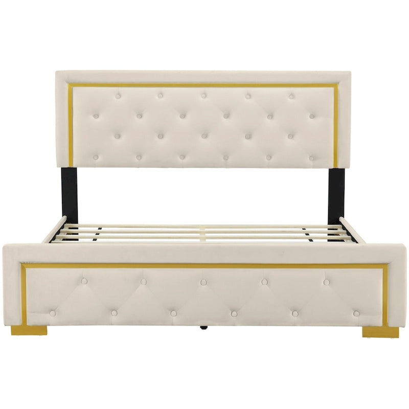Queen Size Upholstered Platform Bed with Tufted Headboard and Metal Frame