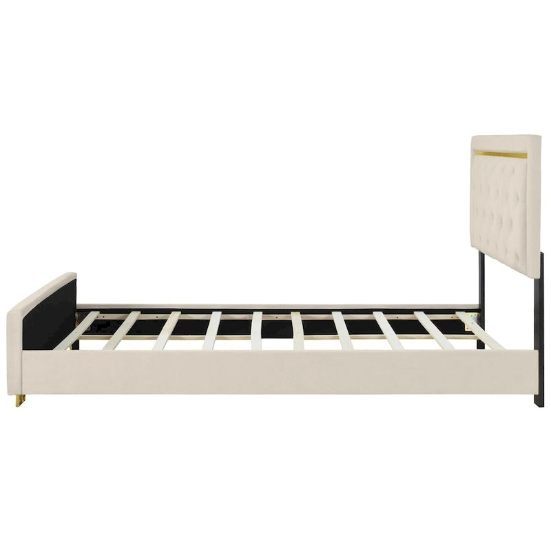 Queen Size Upholstered Platform Bed with Tufted Headboard and Metal Frame