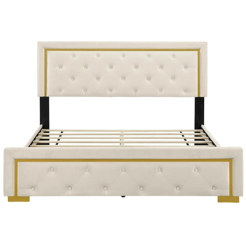 Queen Size Upholstered Platform Bed with Tufted Headboard and Metal Frame