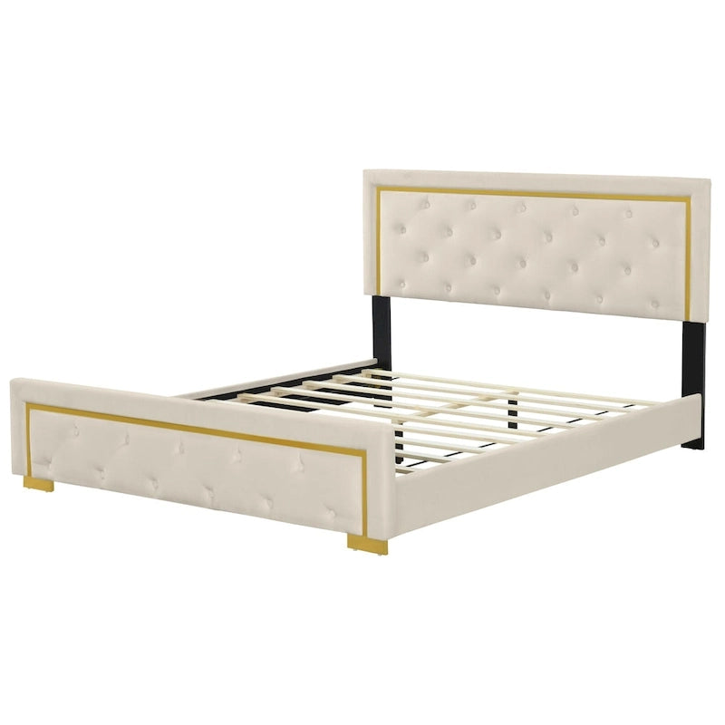 Queen Size Upholstered Platform Bed with Tufted Headboard and Metal Frame