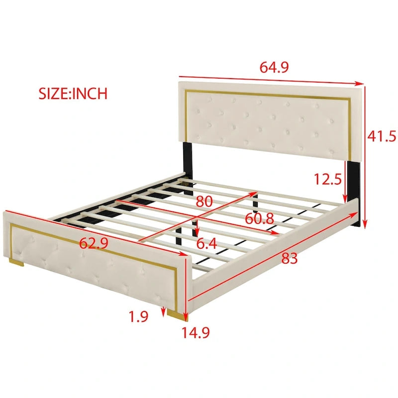 Queen Size Upholstered Platform Bed with Tufted Headboard and Metal Frame