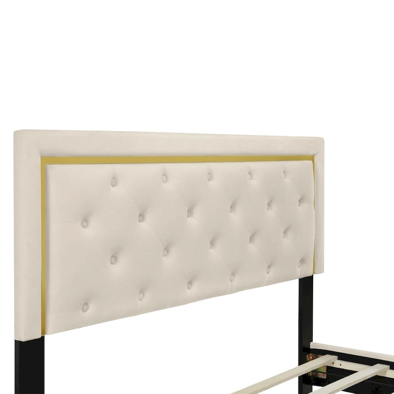 Queen Size Upholstered Platform Bed with Tufted Headboard and Metal Frame