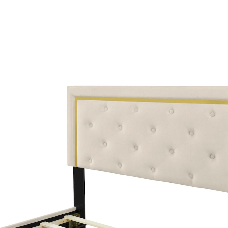 Queen Size Upholstered Platform Bed with Tufted Headboard and Metal Frame