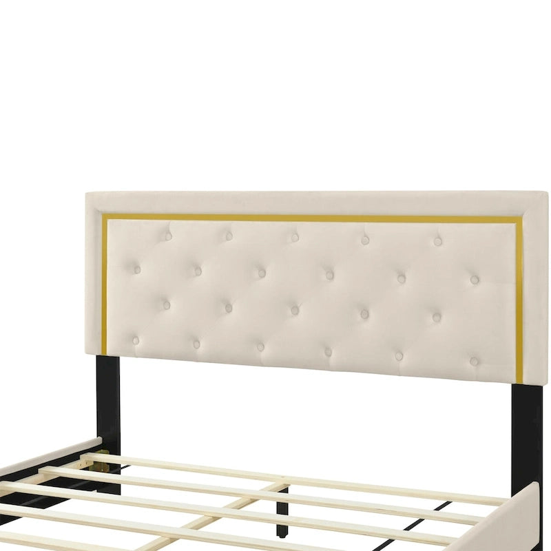 Queen Size Upholstered Platform Bed with Tufted Headboard and Metal Frame