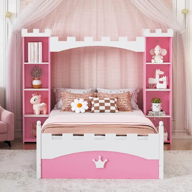 Twin Size Castle-Shaped Wooden Platform Bed with Storage Shelf for Kids Bedroom