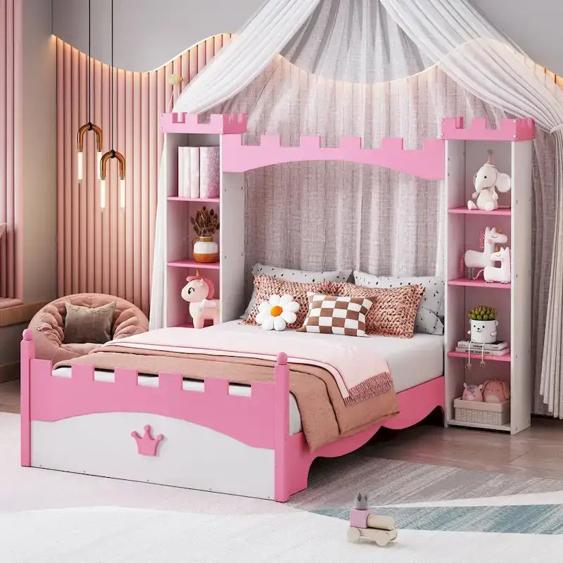 Twin Size Castle-Shaped Wooden Platform Bed with Storage Shelf for Kids Bedroom